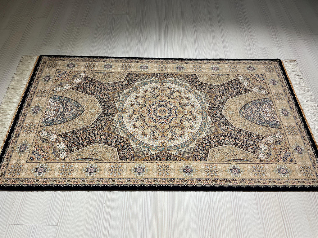 3x5 ft Beige Silk Runner Rug, With a Hagia Sophia Pattern, Turkish Style Small Carpet