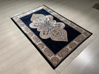 3x5 ft Blue Runner Silk Rug, Medallion Design, Turkish Small Hallway Rug