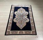 3x5 ft Blue Runner Silk Rug, Medallion Design, Turkish Small Hallway Rug