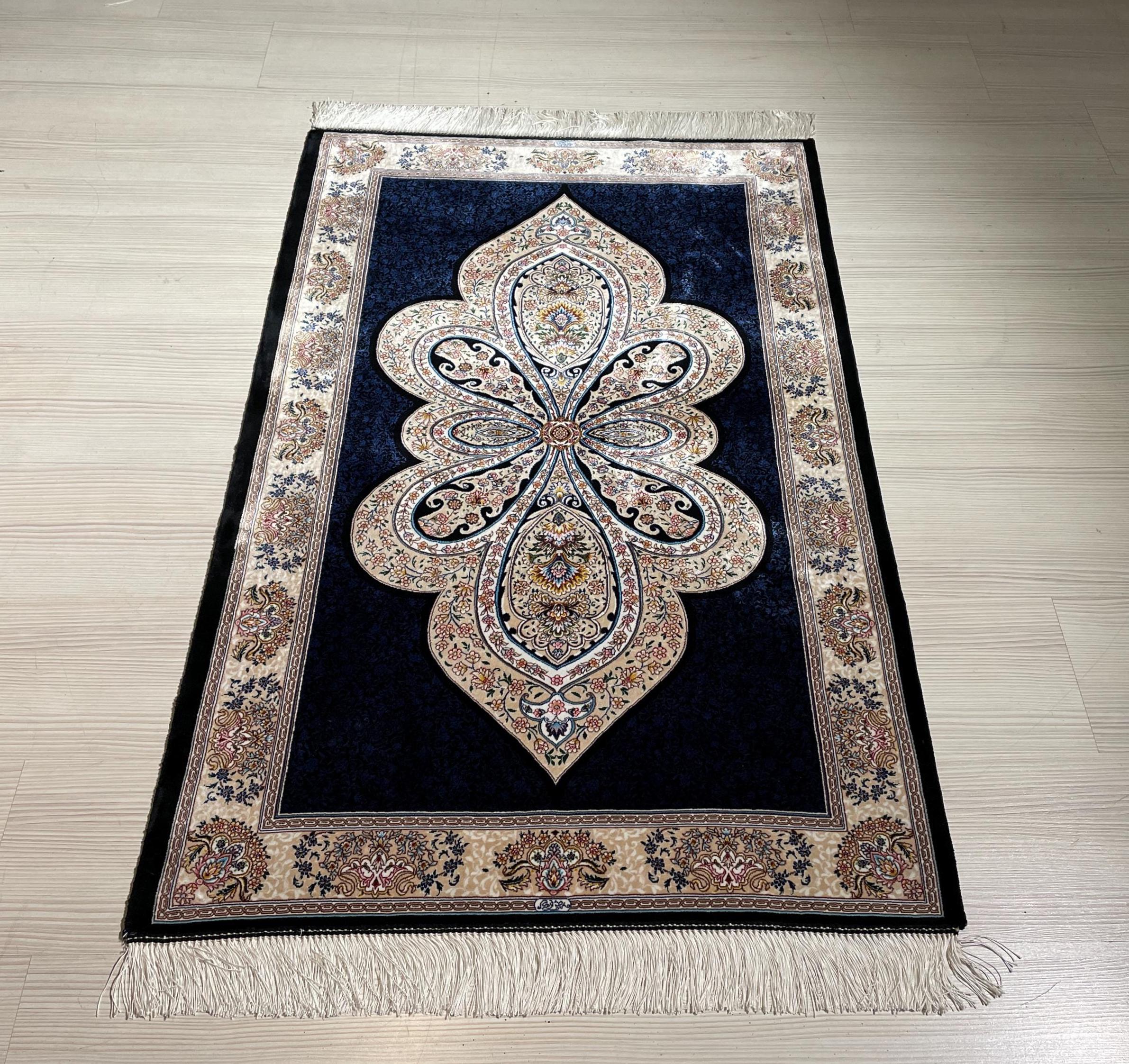 3x5 ft Blue Runner Silk Rug, Medallion Design, Turkish Small Hallway Rug