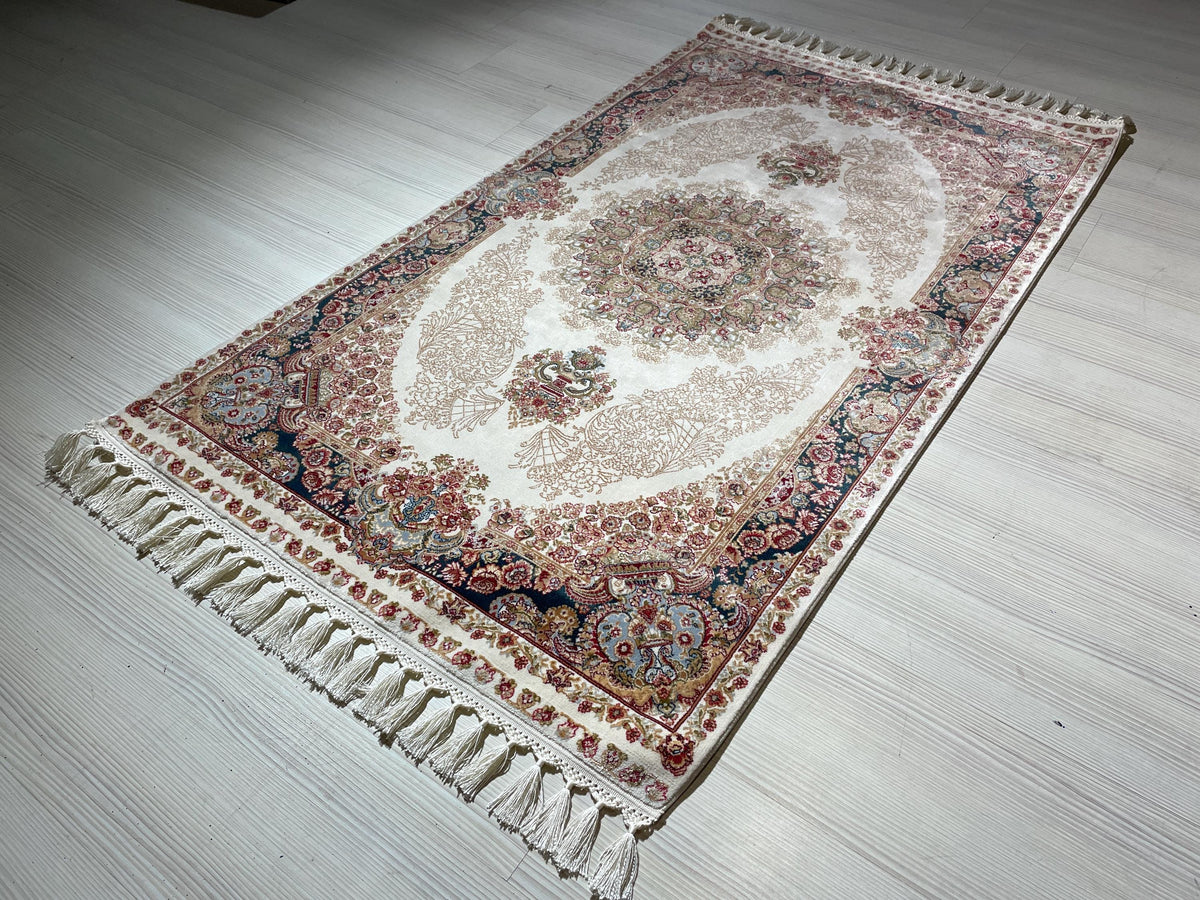 3x5 Bamboo Silk Runner Rug, Turkish Hallway Rug, Red Medallion Design, Classic Border Decor