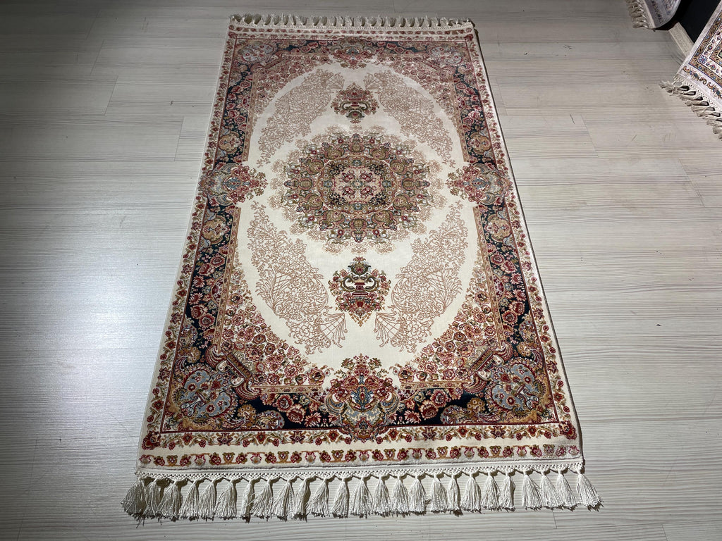 3x5 Bamboo Silk Runner Rug, Turkish Hallway Rug, Red Medallion Design, Classic Border Decor