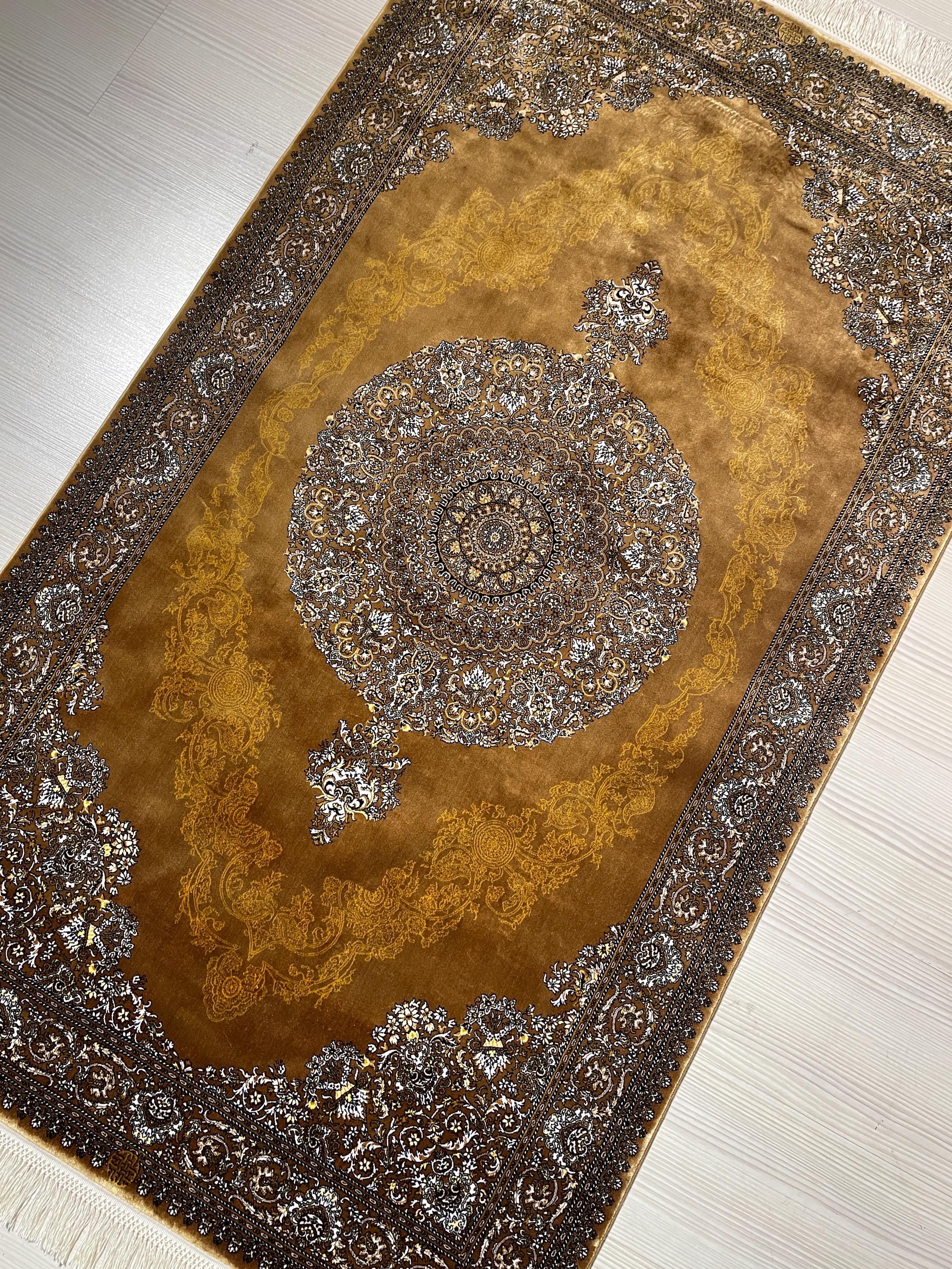 3x5 ft Gold Silk Hallway Runner Rug, Traditional Gray Medallion Area Rug