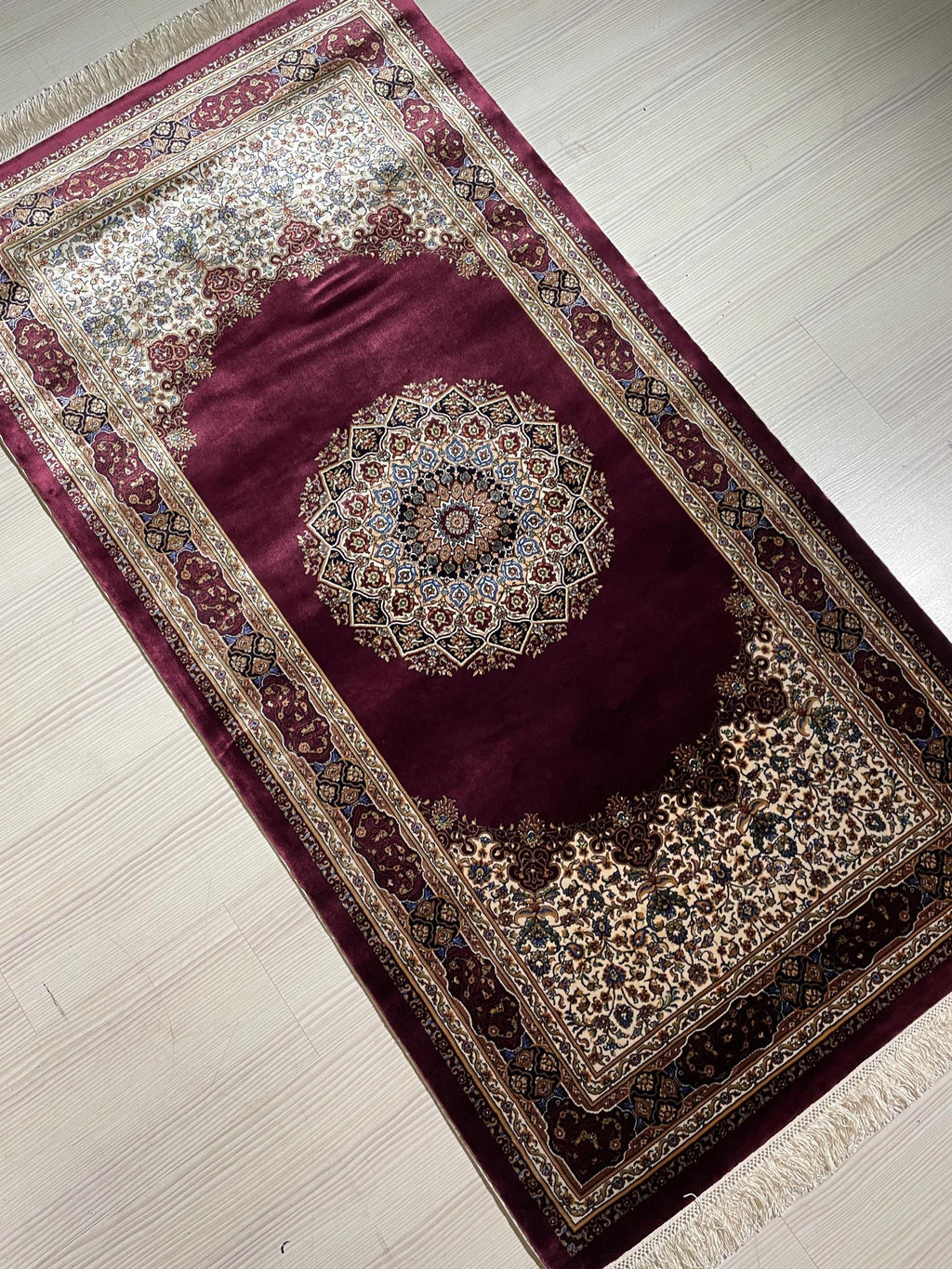 3x5 ft Burgundy Silk Hallway Runner Rug, Traditional Medallion Design, Turkish Style Runner Carpet