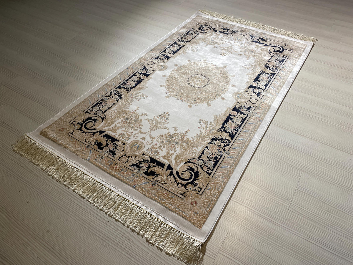 3x5 ft Ivory Navy Blue Bamboo Silk Hallway Runner Rug, Medallion Design Modern Runner Carpet