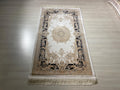 3x5 ft Ivory Navy Blue Bamboo Silk Hallway Runner Rug, Medallion Design Modern Runner Carpet