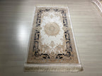 3x5 ft Ivory Navy Blue Bamboo Silk Hallway Runner Rug, Medallion Design Modern Runner Carpet