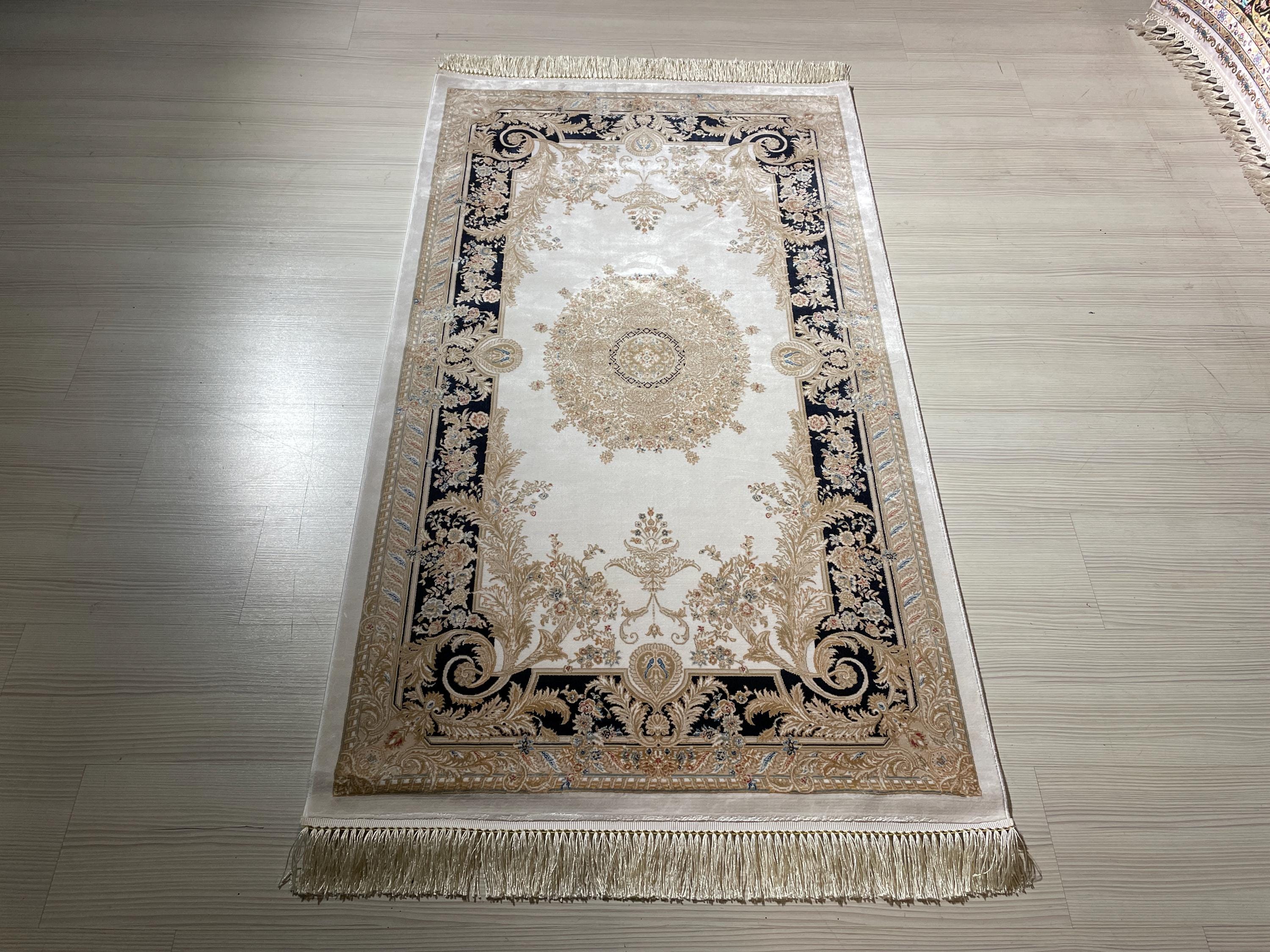 3x5 ft Ivory Navy Blue Bamboo Silk Hallway Runner Rug, Medallion Design Modern Runner Carpet