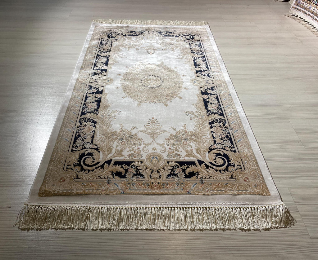 3x5 ft Ivory Navy Blue Bamboo Silk Hallway Runner Rug, Medallion Design Modern Runner Carpet