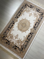 3x5 ft Ivory Navy Blue Bamboo Silk Hallway Runner Rug, Medallion Design Modern Runner Carpet