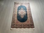3x5 ft Green Gold Bamboo Silk Small Runner Rug, Medallion Design Traditional Hallway Rug
