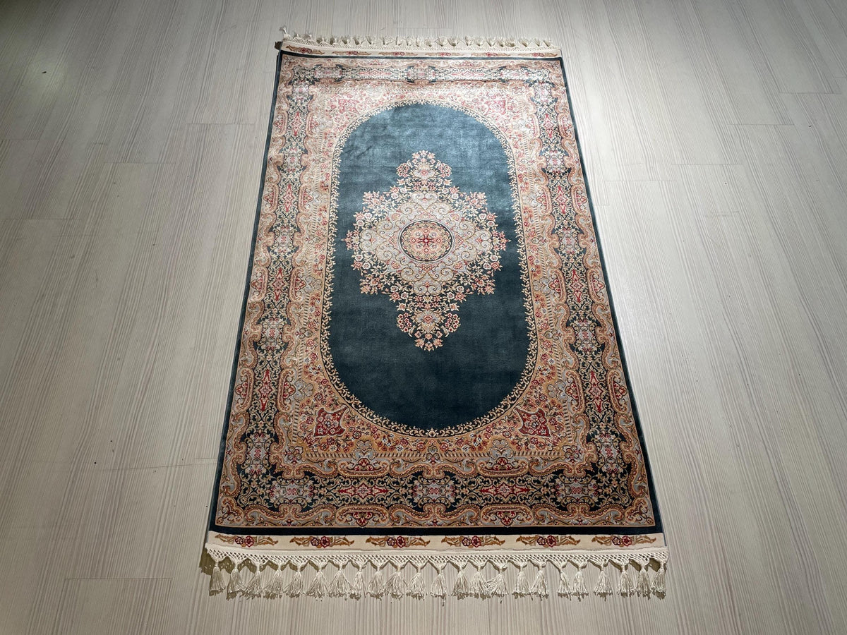 3x5 ft Green Gold Bamboo Silk Small Runner Rug, Medallion Design Traditional Hallway Rug
