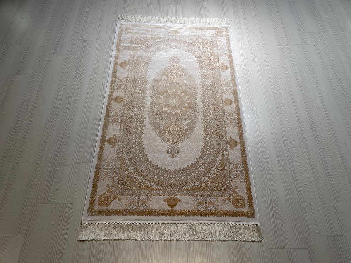 3x5 ft Ivory Gold Bamboo Silk Hallway Rug, Classic Medallion Turkish Style Runner Rug