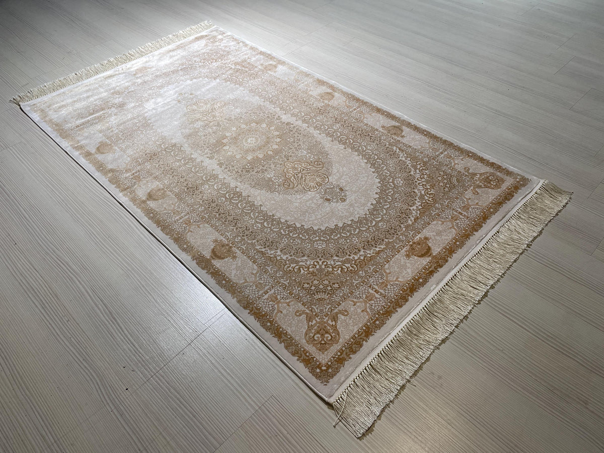 3x5 ft Ivory Gold Bamboo Silk Hallway Rug, Classic Medallion Turkish Style Runner Rug