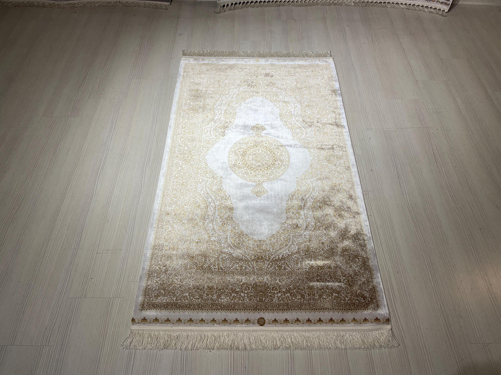 3x5 ft Cream Hallway Runner Rug, Gold Medallion Design, Turkish Style Rug