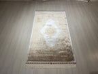 3x5 ft Cream Hallway Runner Rug, Gold Medallion Design, Turkish Style Rug