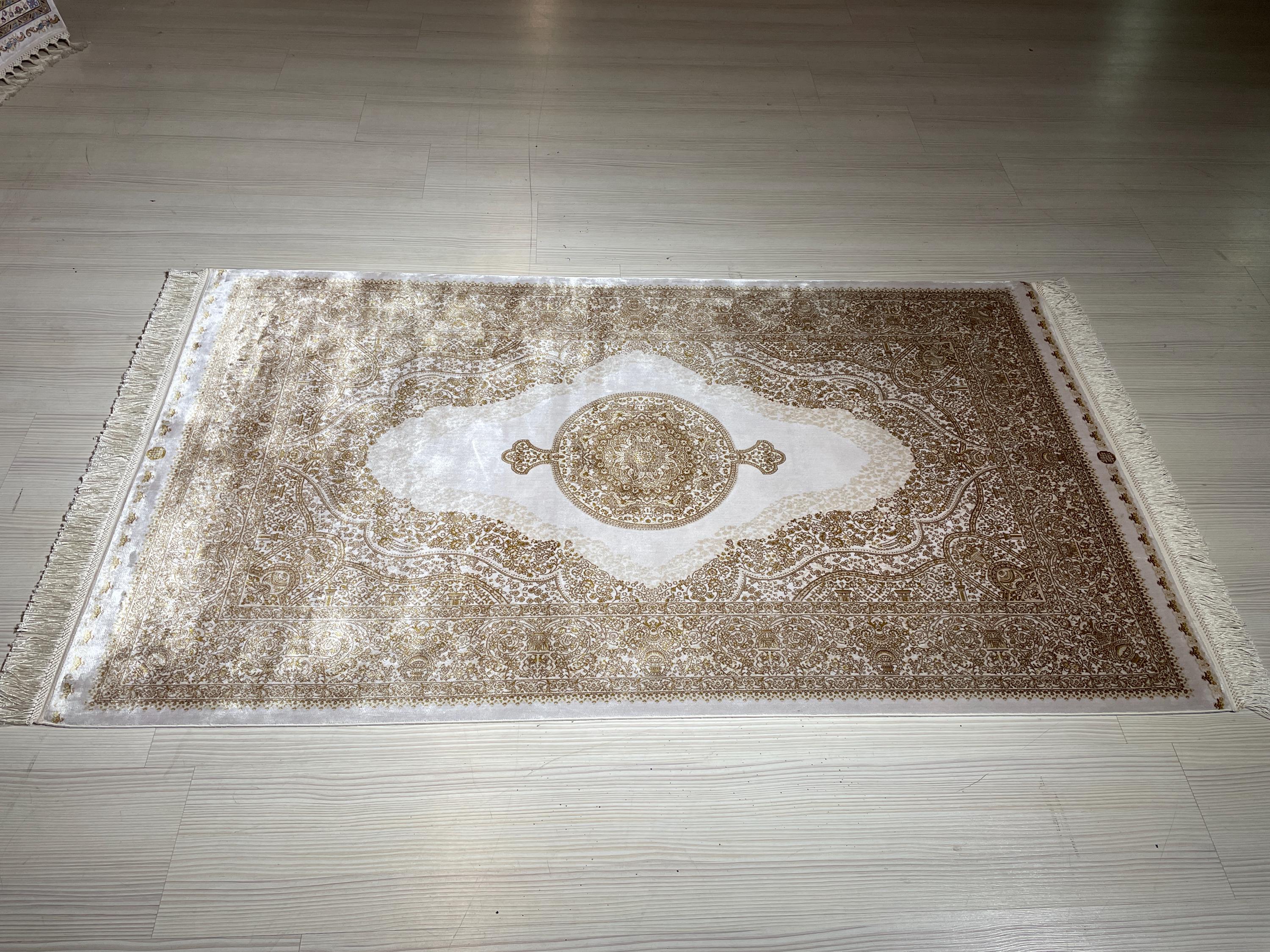 3x5 ft Cream Hallway Runner Rug, Gold Medallion Design, Turkish Style Rug