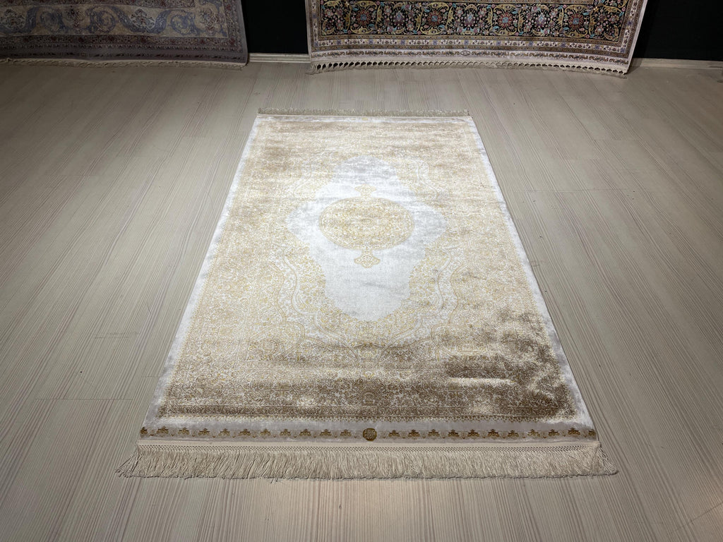 3x5 ft Cream Hallway Runner Rug, Gold Medallion Design, Turkish Style Rug