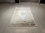 3x5 ft Cream Hallway Runner Rug, Gold Medallion Design, Turkish Style Rug