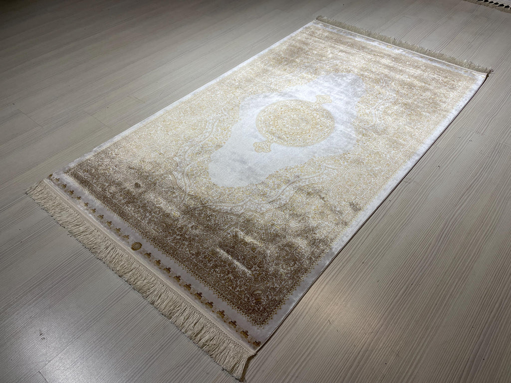 3x5 ft Cream Hallway Runner Rug, Gold Medallion Design, Turkish Style Rug