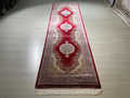 3x10 ft Red Beige Silk Runner Rug, Medallion Design, Traditional Long Hallway Carpet