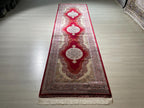 3x10 ft Red Beige Silk Runner Rug, Medallion Design, Traditional Long Hallway Carpet