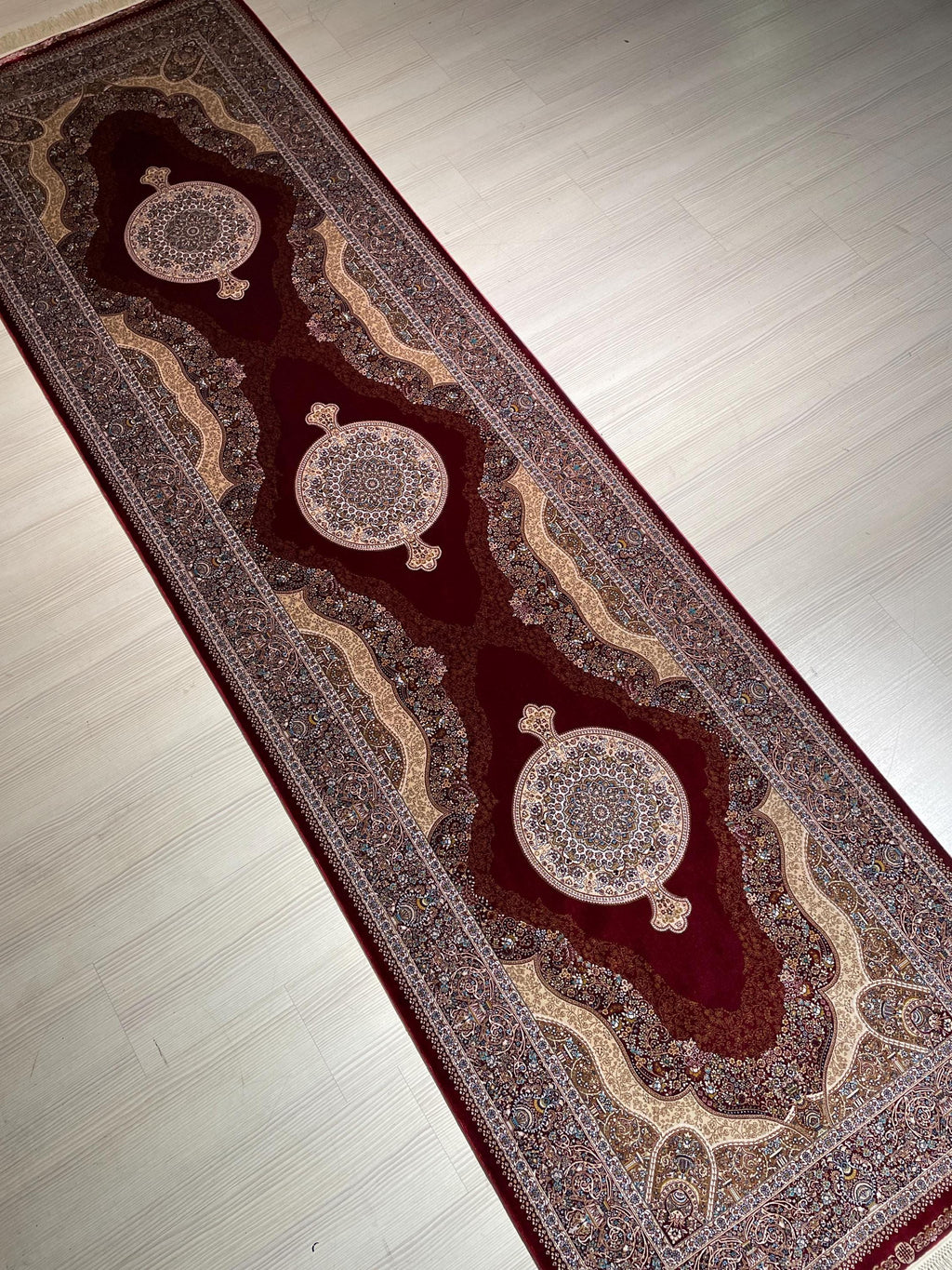 3x10 ft Red Beige Silk Runner Rug, Medallion Design, Traditional Long Hallway Carpet