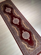 3x10 ft Red Beige Silk Runner Rug, Medallion Design, Traditional Long Hallway Carpet