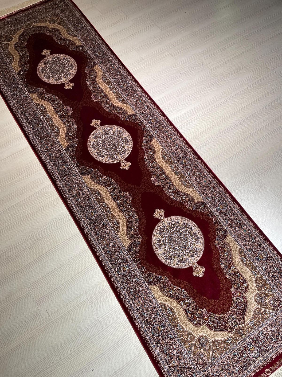 3x10 ft Red Beige Silk Runner Rug, Medallion Design, Traditional Long Hallway Carpet