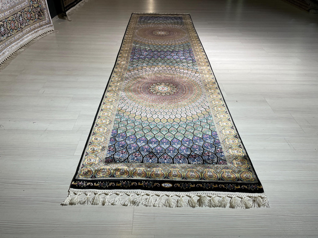 3x10 ft Black Colorful Silk Long Runner Rug, Turkish Style, Modern Luxury Hallway Rug
