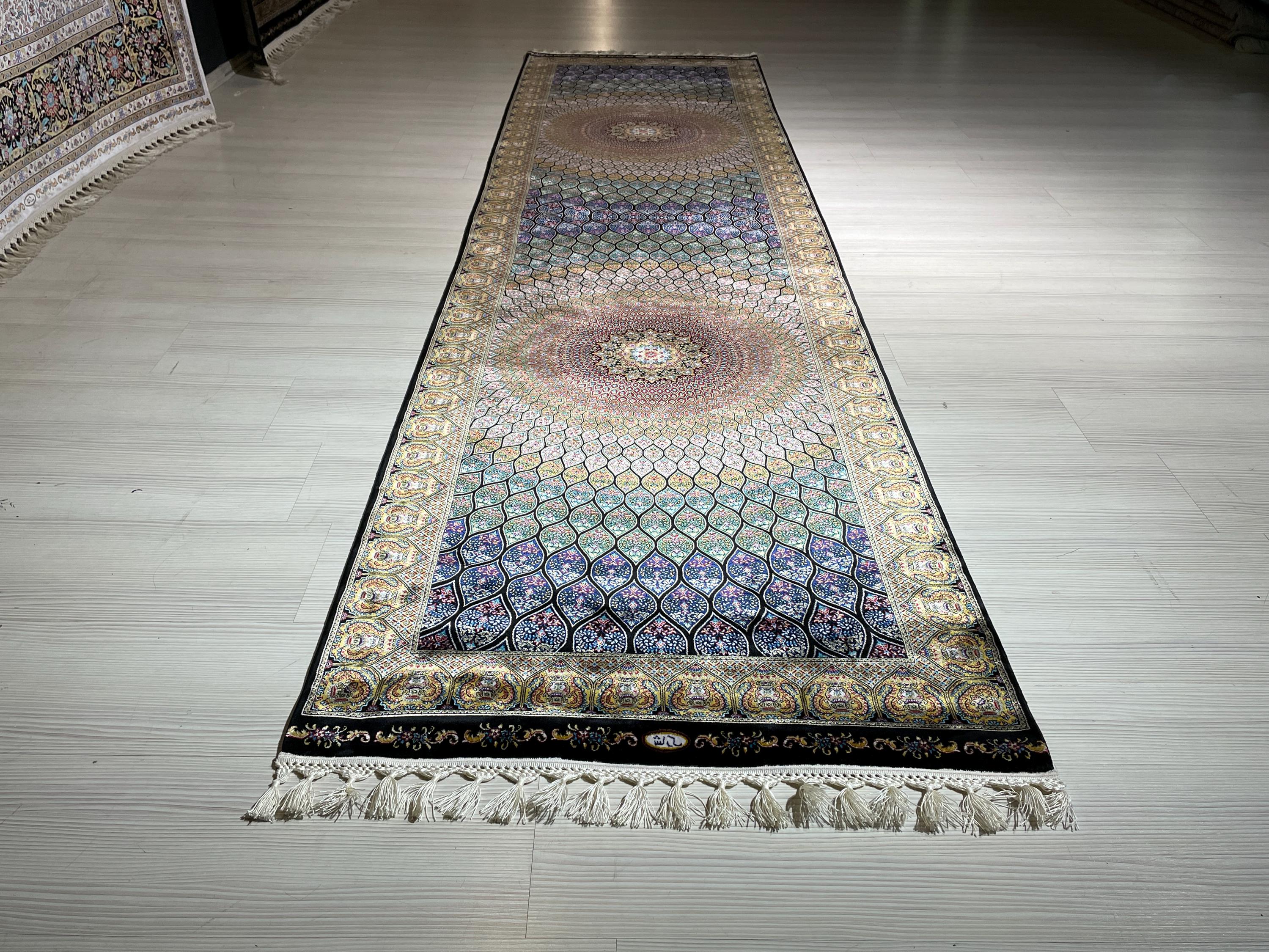 3x10 ft Black Colorful Silk Long Runner Rug, Turkish Style, Modern Luxury Hallway Rug