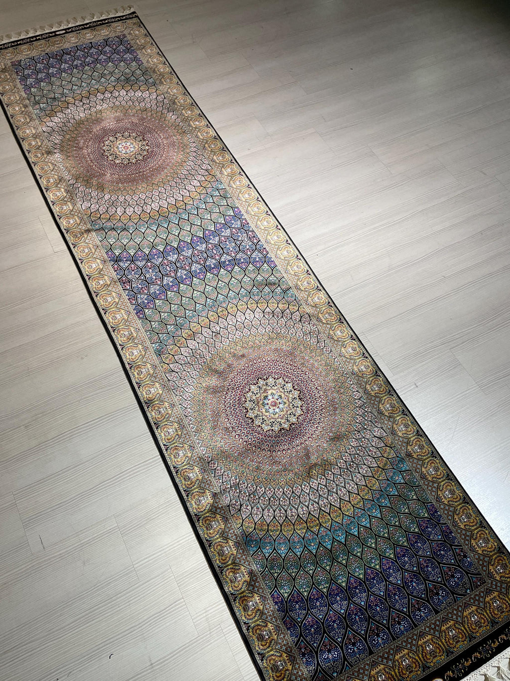 3x10 ft Black Colorful Silk Long Runner Rug, Turkish Style, Modern Luxury Hallway Rug