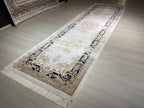 3x10 ft Ivory Navy Blue Silk Long Runner Rug, Modern Turkish Style Hallway Carpet