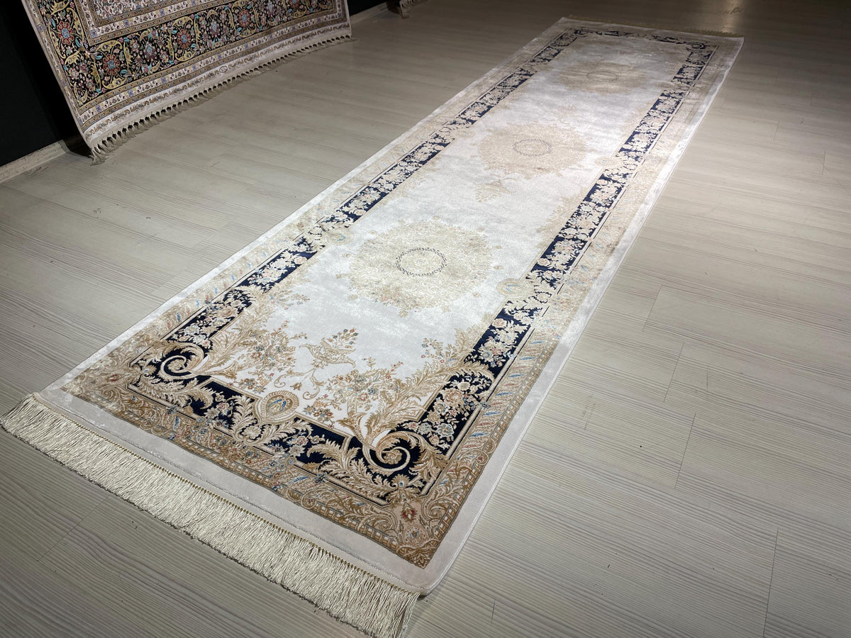 3x10 ft Ivory Navy Blue Silk Long Runner Rug, Modern Turkish Style Hallway Carpet
