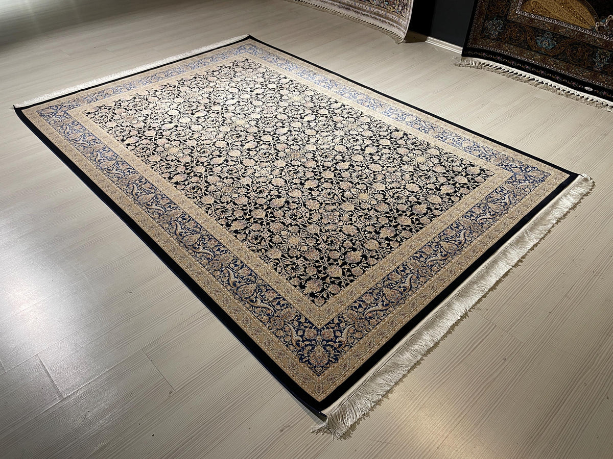 6x8 ft Navy Blue Beige Silk Rug, Luxury Living Room Rug, Turkish Silk Carpet