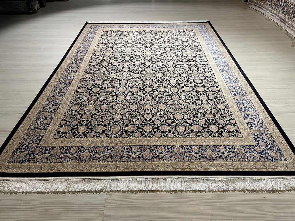 6x8 ft Navy Blue Beige Silk Rug, Luxury Living Room Rug, Turkish Silk Carpet