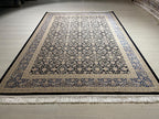 6x8 ft Navy Blue Beige Silk Rug, Luxury Living Room Rug, Turkish Silk Carpet