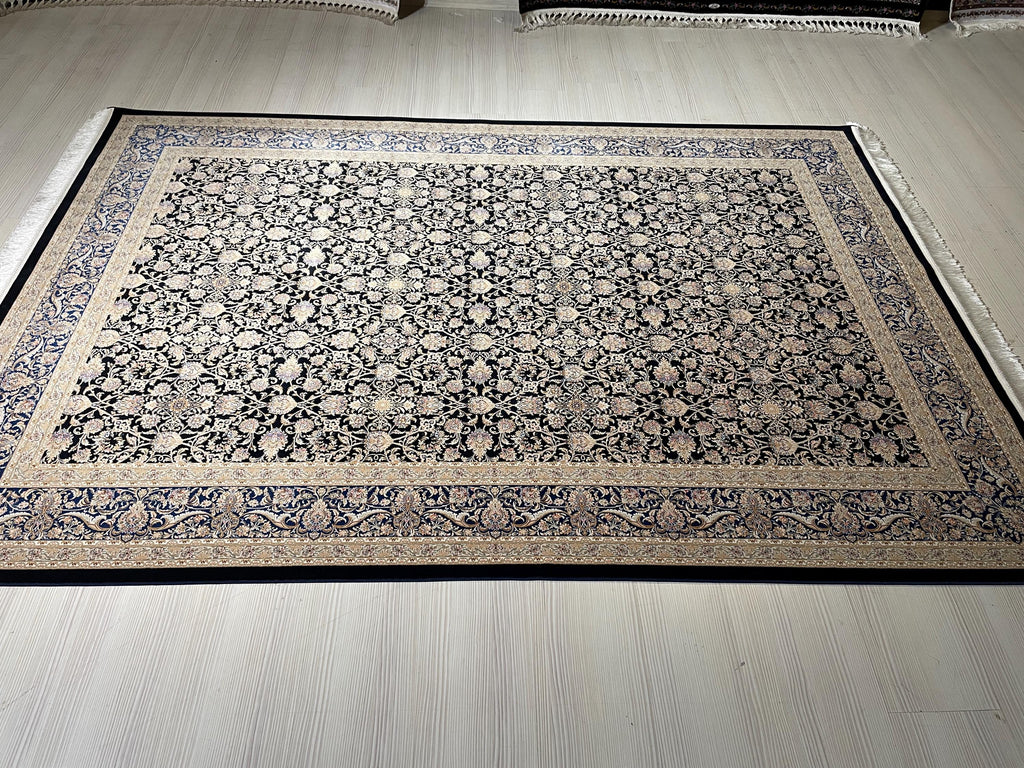 6x8 ft Navy Blue Beige Silk Rug, Luxury Living Room Rug, Turkish Silk Carpet