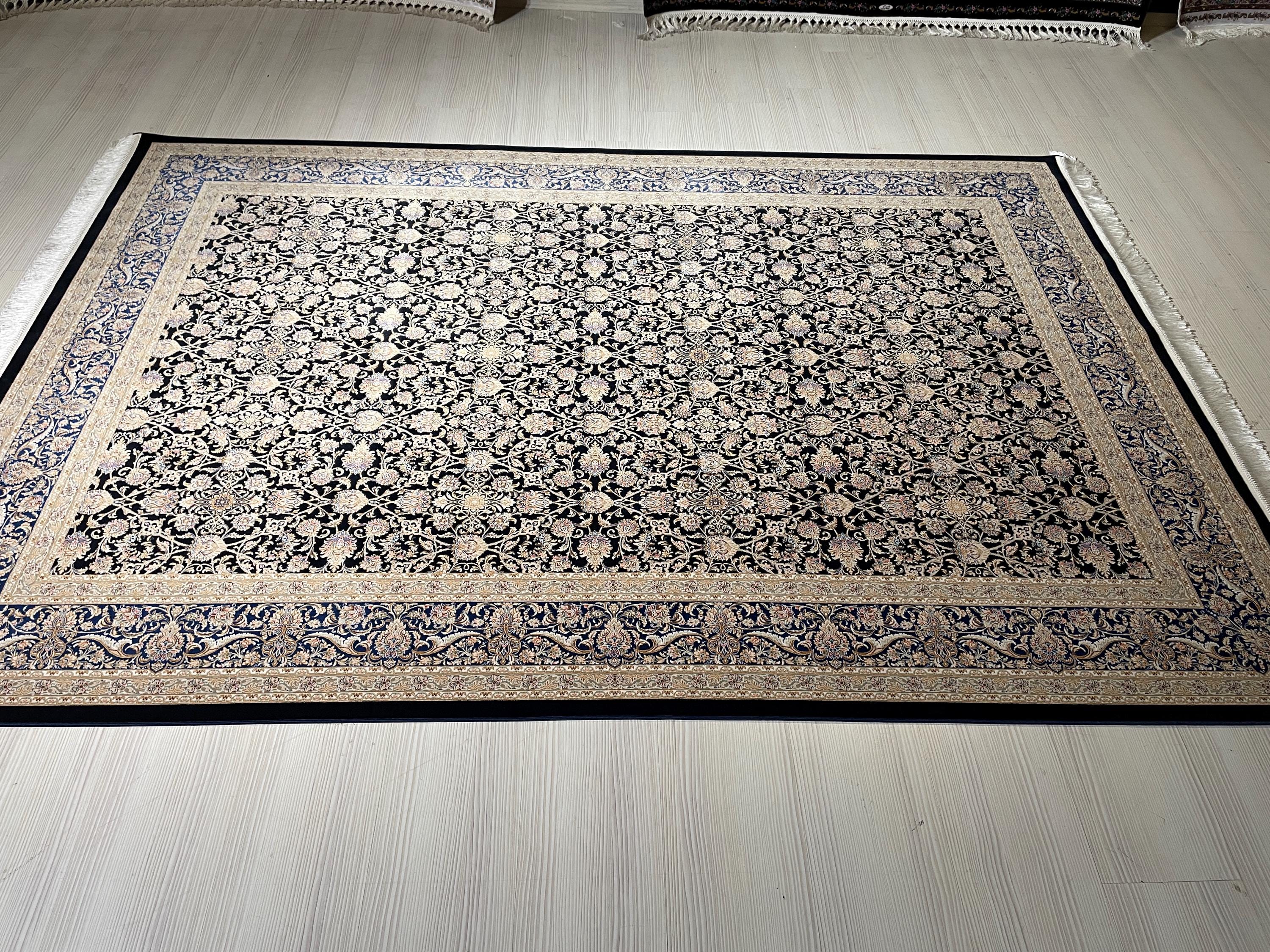 6x8 ft Navy Blue Beige Silk Rug, Luxury Living Room Rug, Turkish Silk Carpet