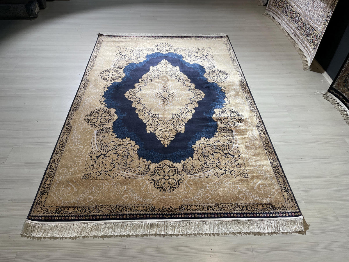 5x8 ft Navy Blue Gold Bamboo Silk Rug, Medallion Carpet, Luxury Living Room Rug