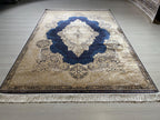 5x8 ft Navy Blue Gold Bamboo Silk Rug, Medallion Carpet, Luxury Living Room Rug