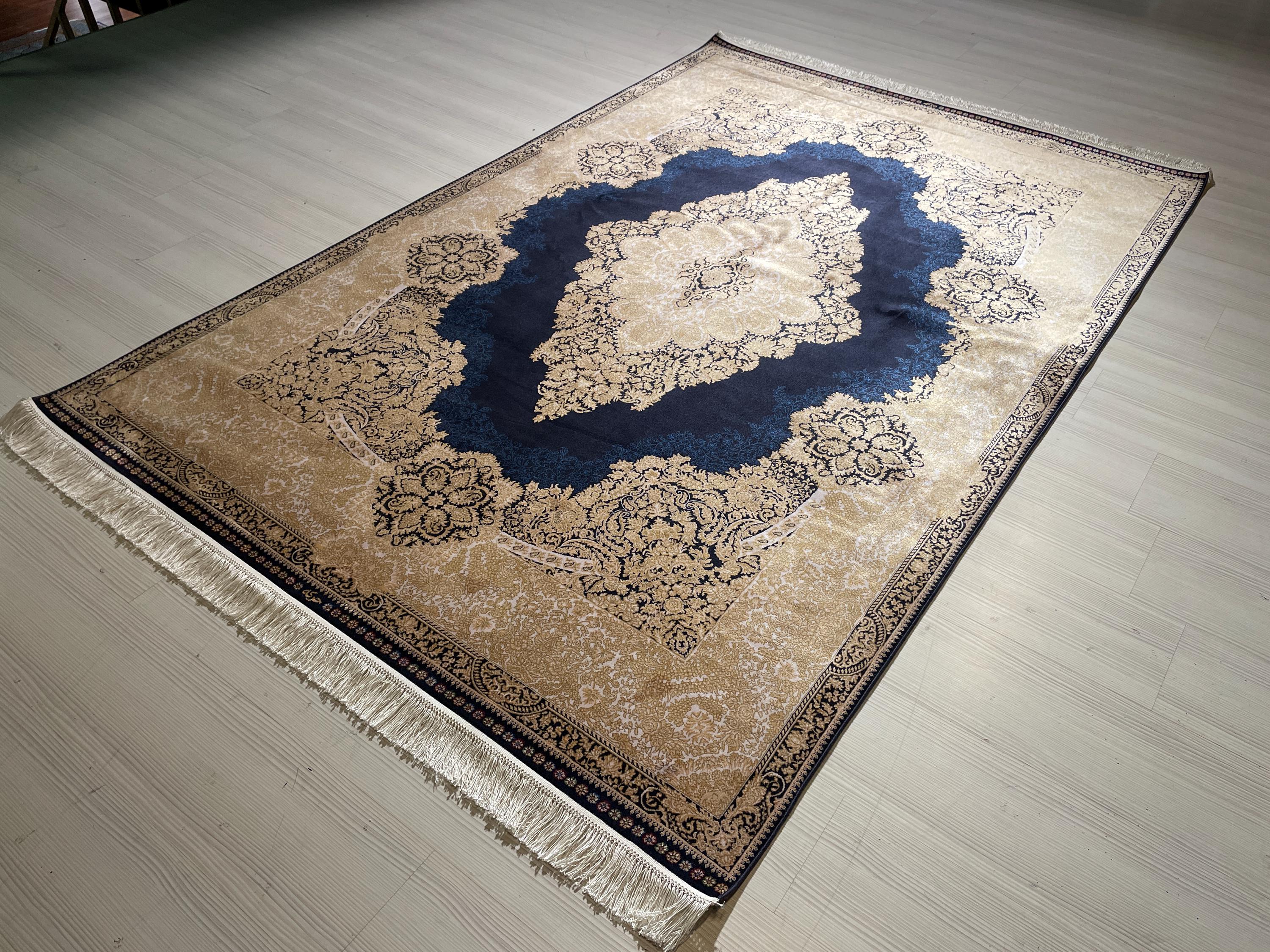 5x8 ft Navy Blue Gold Bamboo Silk Rug, Medallion Carpet, Luxury Living Room Rug