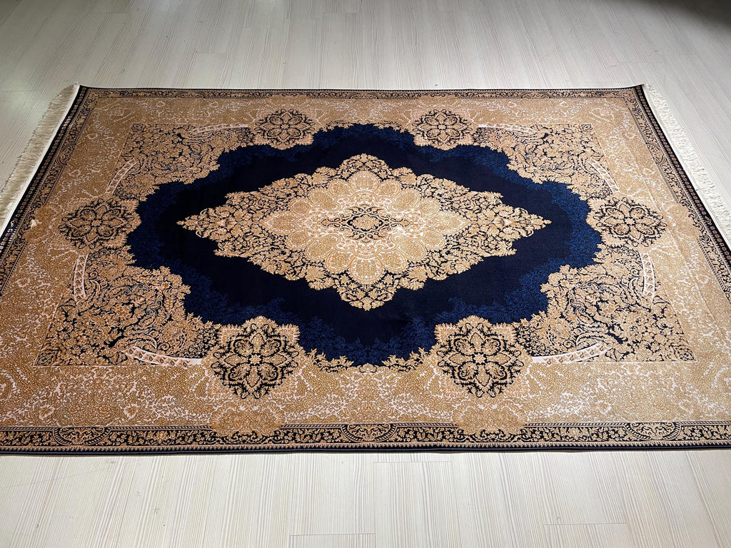 5x8 ft Navy Blue Gold Bamboo Silk Rug, Medallion Carpet, Luxury Living Room Rug