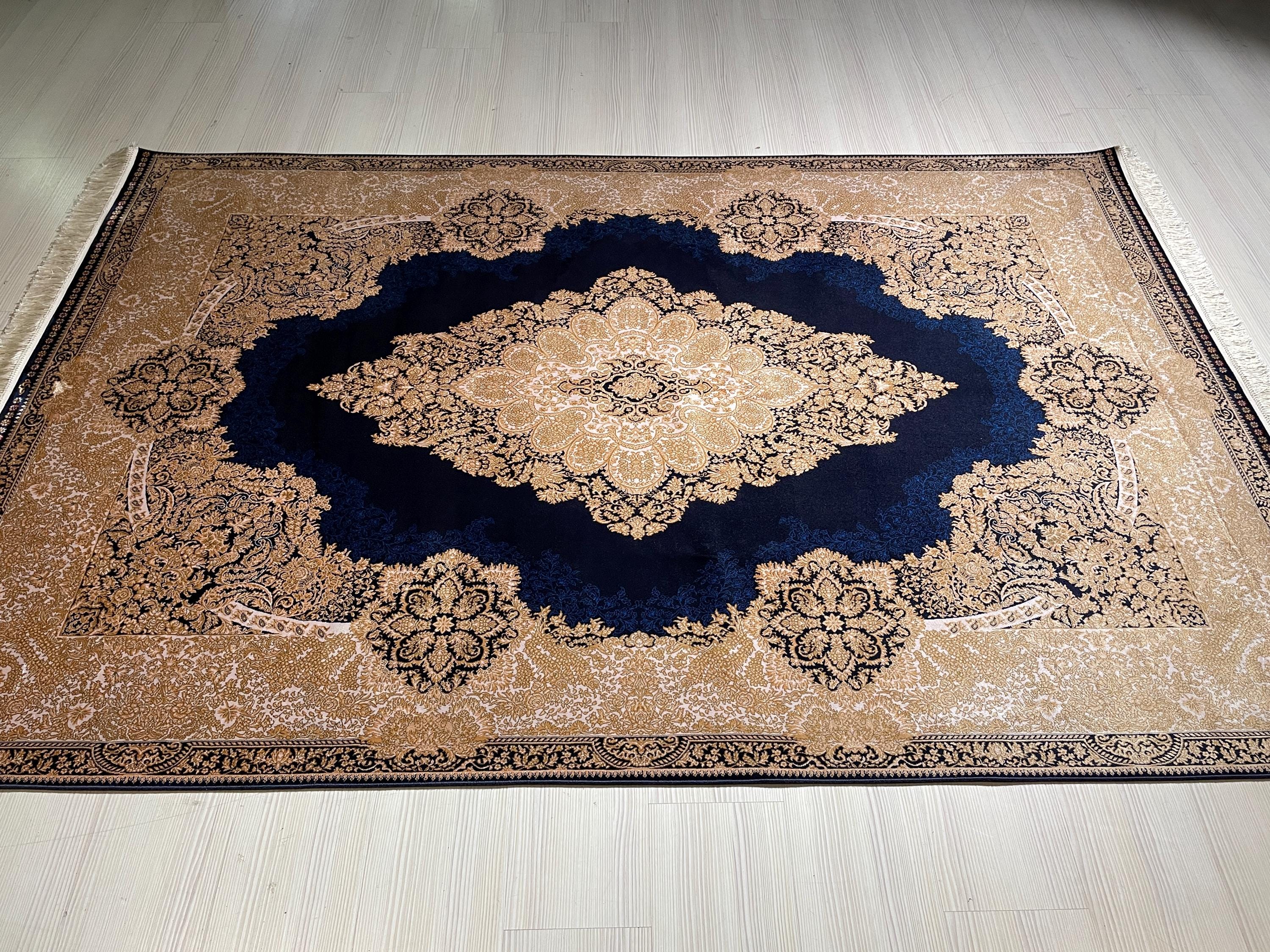 5x8 ft Navy Blue Gold Bamboo Silk Rug, Medallion Carpet, Luxury Living Room Rug