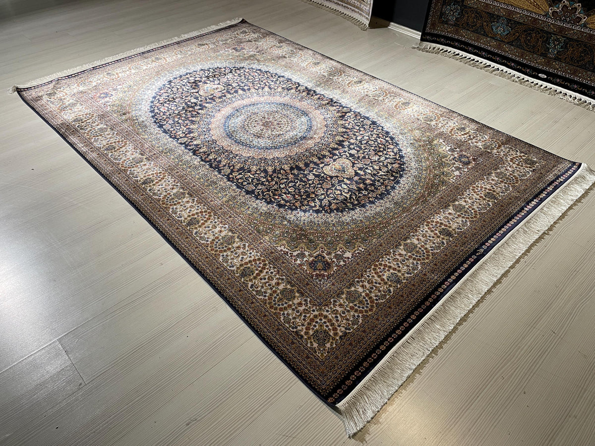 5x8 ft Gold Navy Blue Bamboo Silk Rug, Modern Medallion Design, Turkish Style Carpet