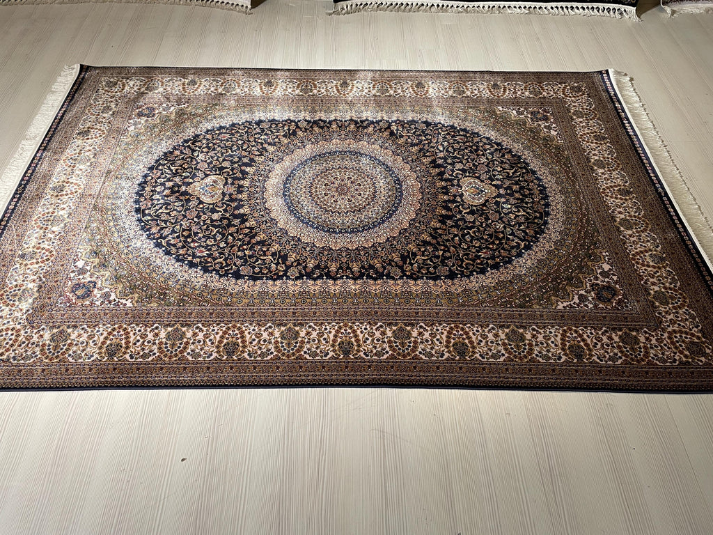 5x8 ft Gold Navy Blue Bamboo Silk Rug, Modern Medallion Design, Turkish Style Carpet