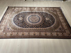 5x8 ft Gold Navy Blue Bamboo Silk Rug, Modern Medallion Design, Turkish Style Carpet