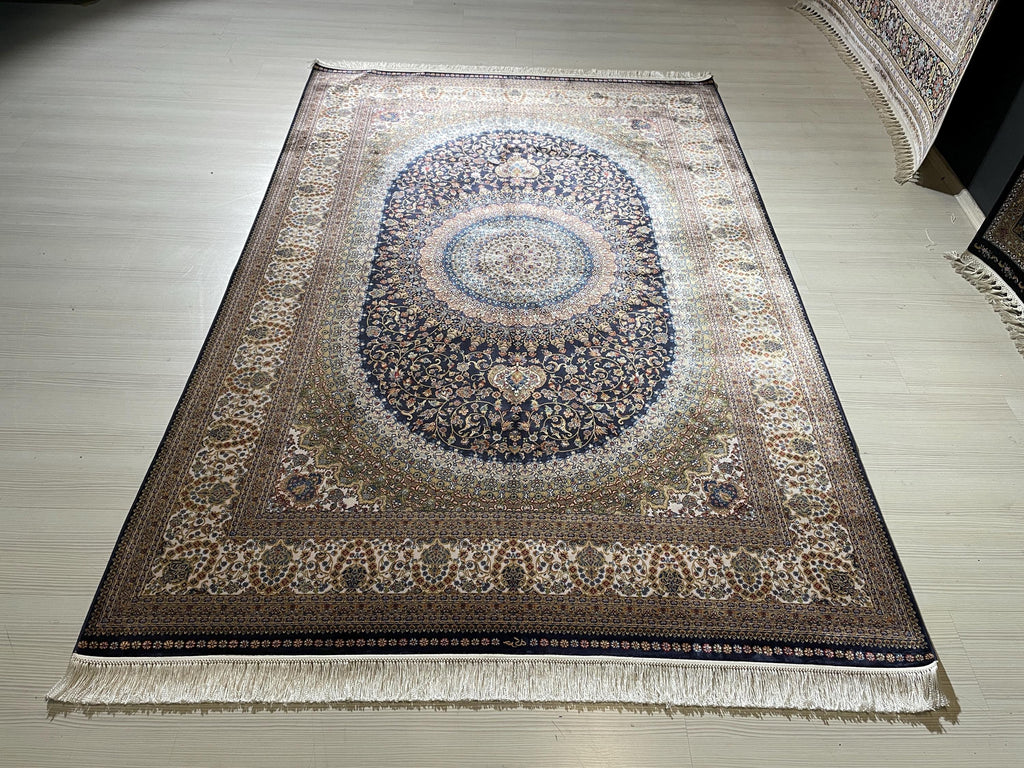 5x8 ft Gold Navy Blue Bamboo Silk Rug, Modern Medallion Design, Turkish Style Carpet