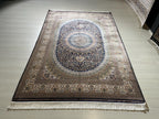 5x8 ft Gold Navy Blue Bamboo Silk Rug, Modern Medallion Design, Turkish Style Carpet