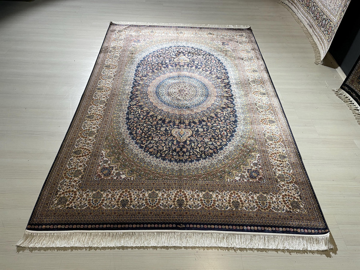 5x8 ft Gold Navy Blue Bamboo Silk Rug, Modern Medallion Design, Turkish Style Carpet
